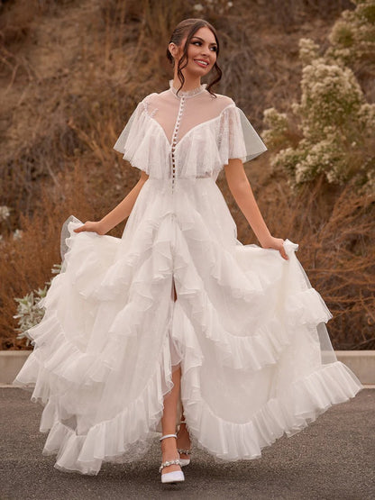 High Split A Line See through Short Sleeves Ruffle Tulle Wedding Dresses