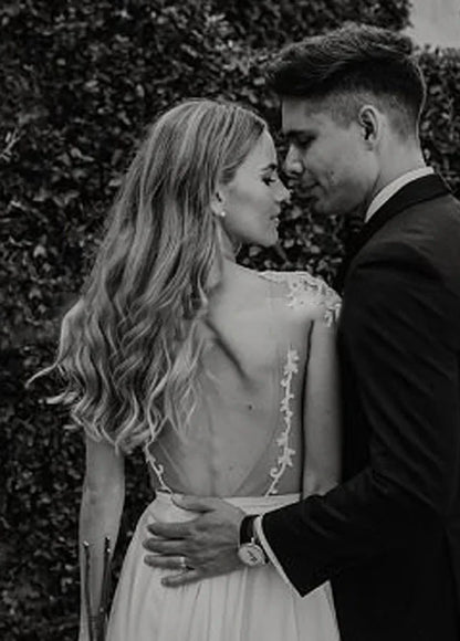 A Line Cap Sleeve Long Backless Wedding Dresses with Appliques