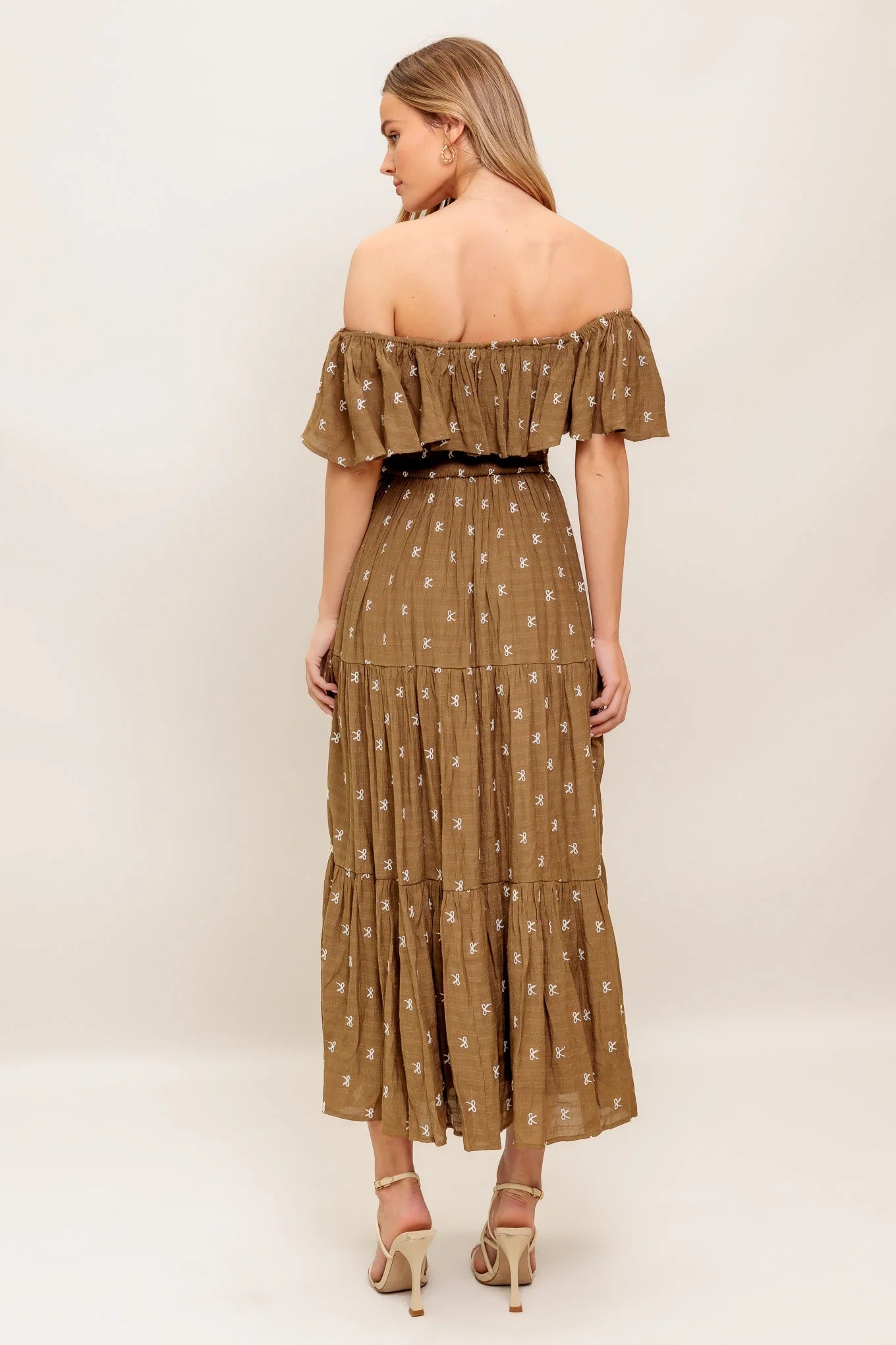 BELLE AMOUR OFF SHOULDER BROWN MIDI DRESS