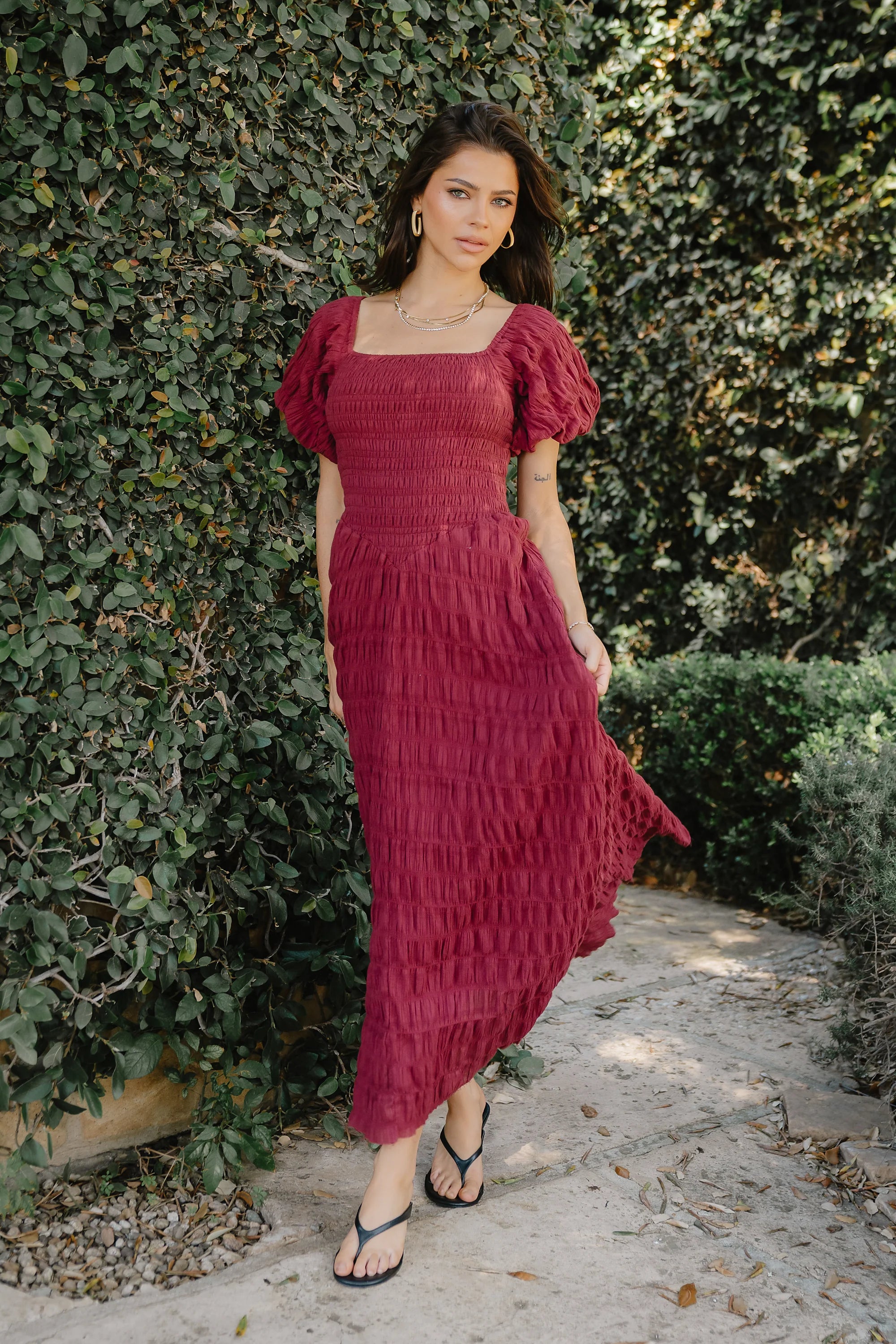 Beckie Smocked Maxi Dress in Burgundy