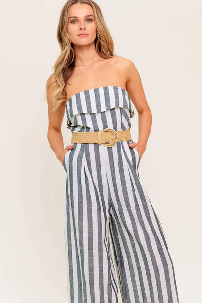 GREER STRAPLESS JUMPSUIT WHITE CHARCOAL STRIPE