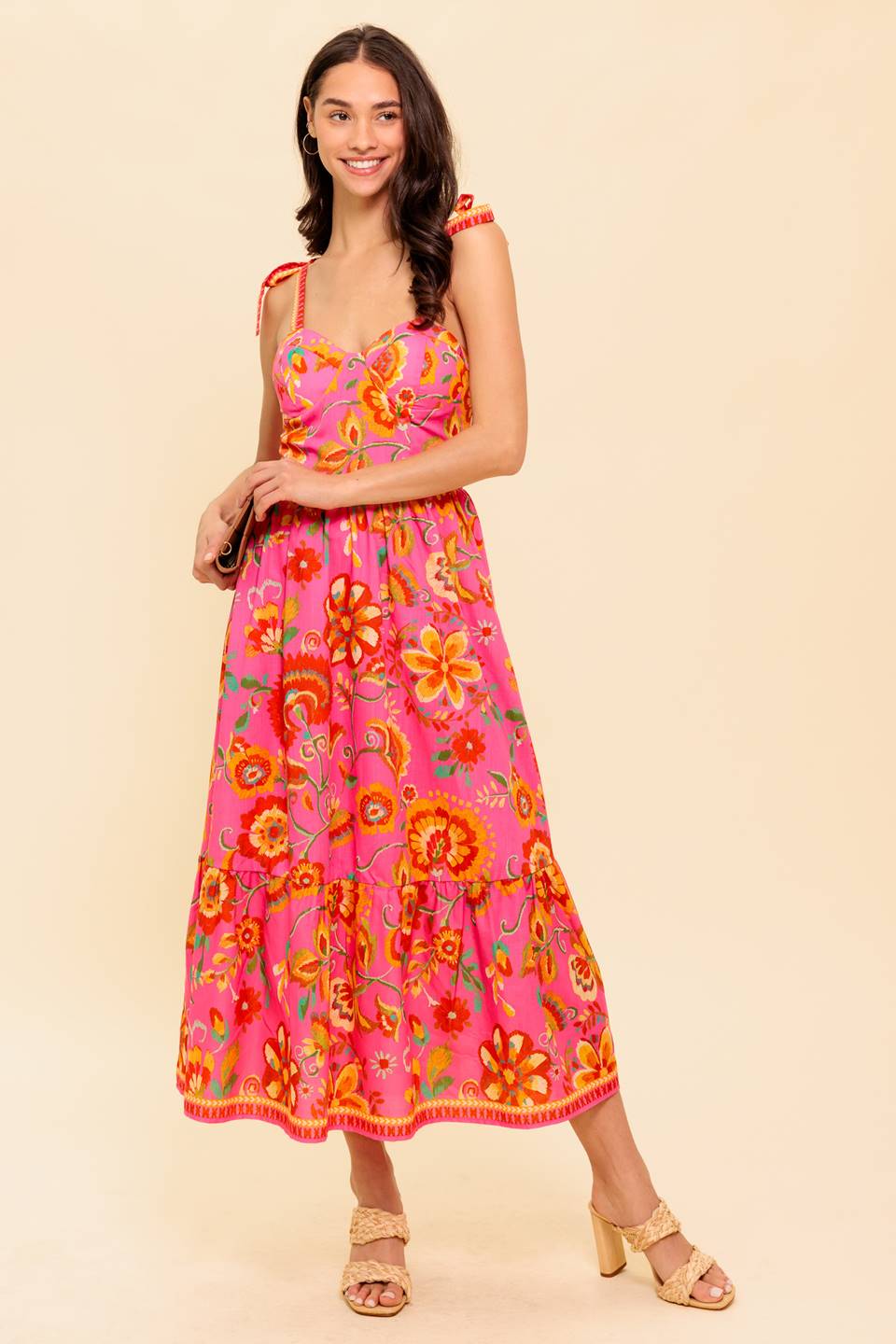 GARDEN GATHERING BUSTIER MIDI DRESS PINK MULTI