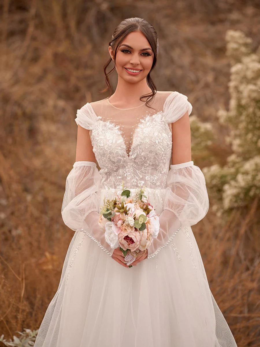 A Line Sweetheart Long Sleeves Elegant Tulle Wedding Dresses With Appliques Lace