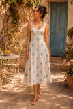 White Warm Rose Print Cotton Ruffled Midi Dress