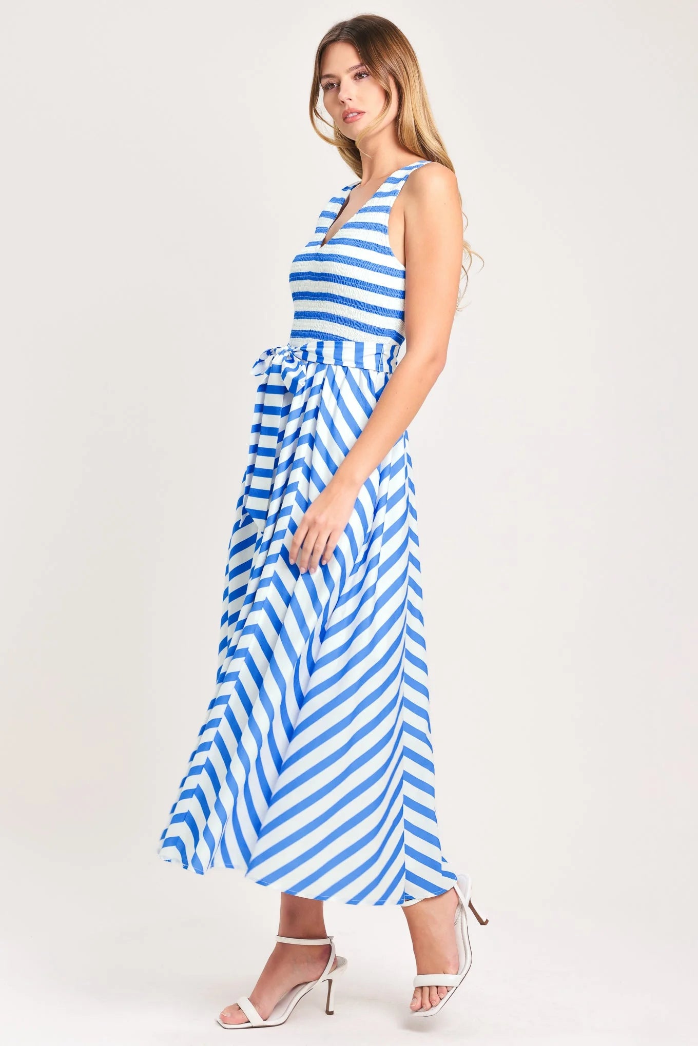 BLUE SERENA STRIPED MIDI DRESS