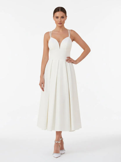 A Line V Neck Sleeveless Satin Knee Length Wedding Dress
