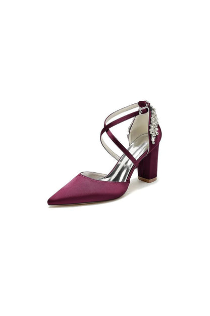 White Satin Pump with Cross Strap and Metal Accent