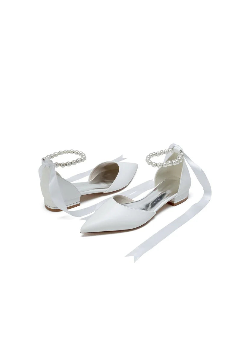 Pointed Toe Ankle Strap Pearl Beaded Ivory Ribbons Low Heels
