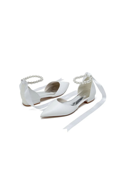 Pointed Toe Ankle Strap Pearl Beaded Ivory Ribbons Low Heels