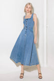 SOFTLY ROMANTIC SQUARE NECKLINE DENIM MIDI DRESS