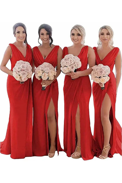Ivory Sheath Chiffon Ruched Long Bridesmaid Dress with Slit