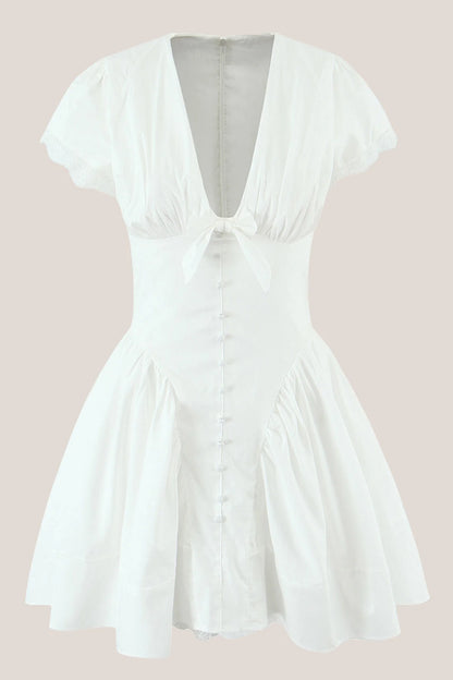 White Cotton A Line V Neck Mini Dress