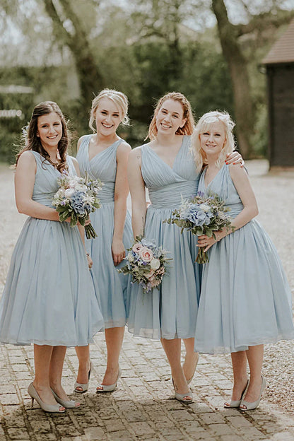 Dusty Blue A Line Mid Calf Ruched Chiffon Bridesmaid Dress