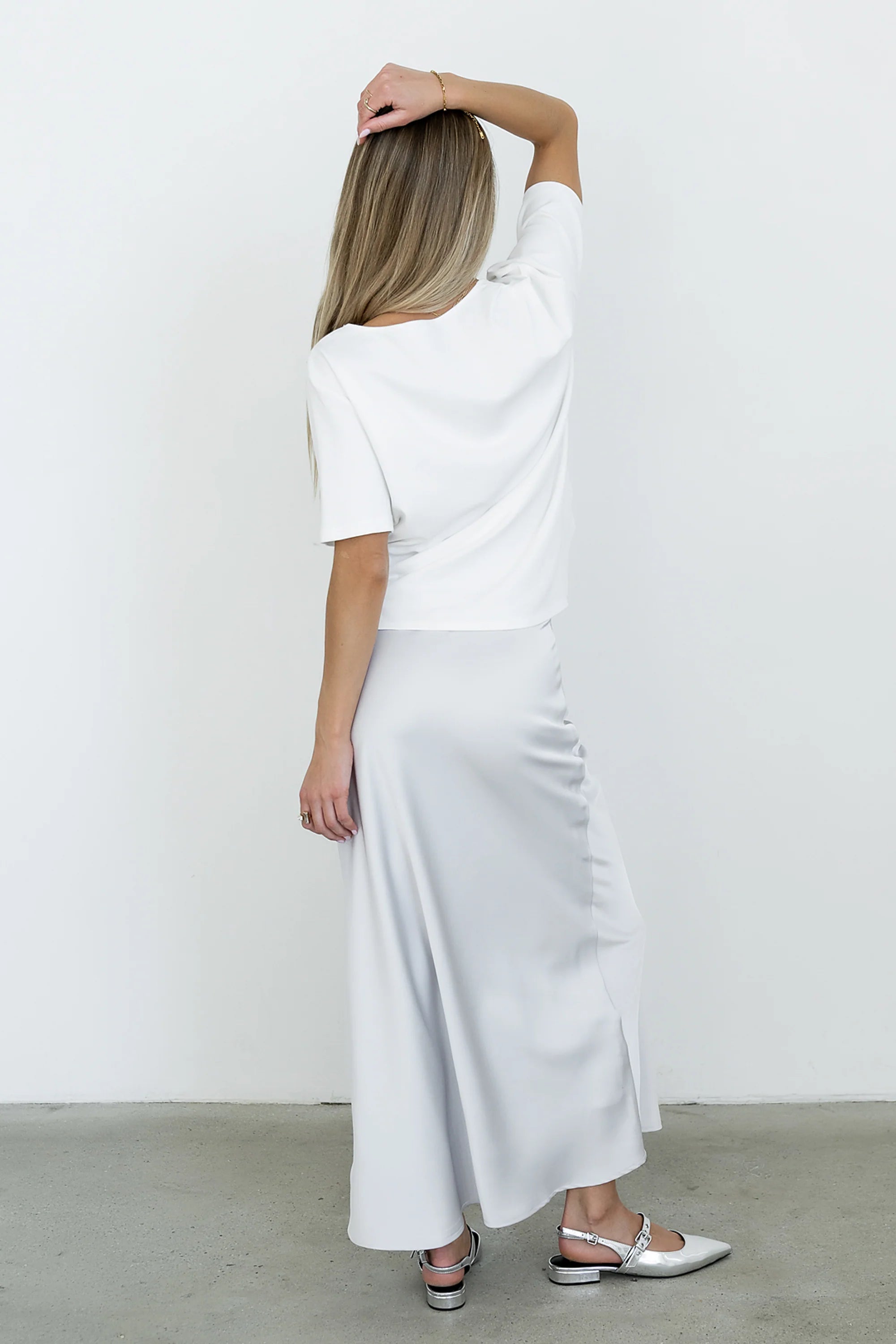 Tory Satin Maxi Skirt in Silver