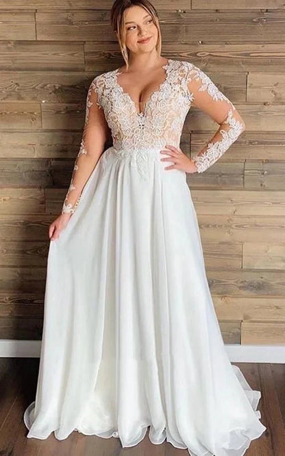Mature Floral Long Sleeve A Line Lace Wedding Dress