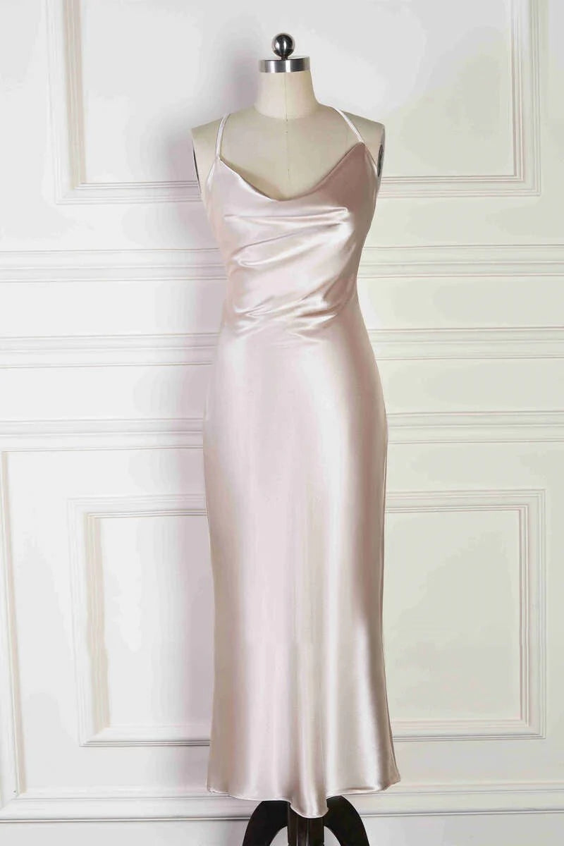 Spaghetti Straps Cowl Neck Tea Length Champagne Sheath Bridesmaid Dress