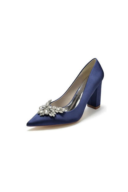 Satin Pointed Toe Slip on Chunky Heels With Rhinestone