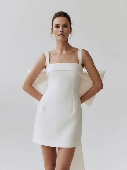 Square Neck White Satin Short Wedding Dress with Bow Back and Veil