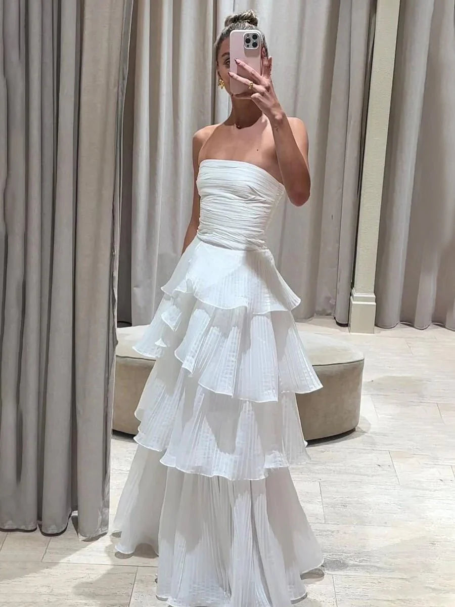 Cute A Line Chiffon Strapless Tiered Wedding Dresses