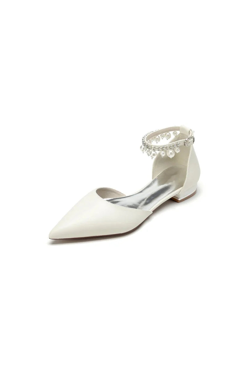 Pointed Toe Ankle Strap Pearl Beaded Low Heels