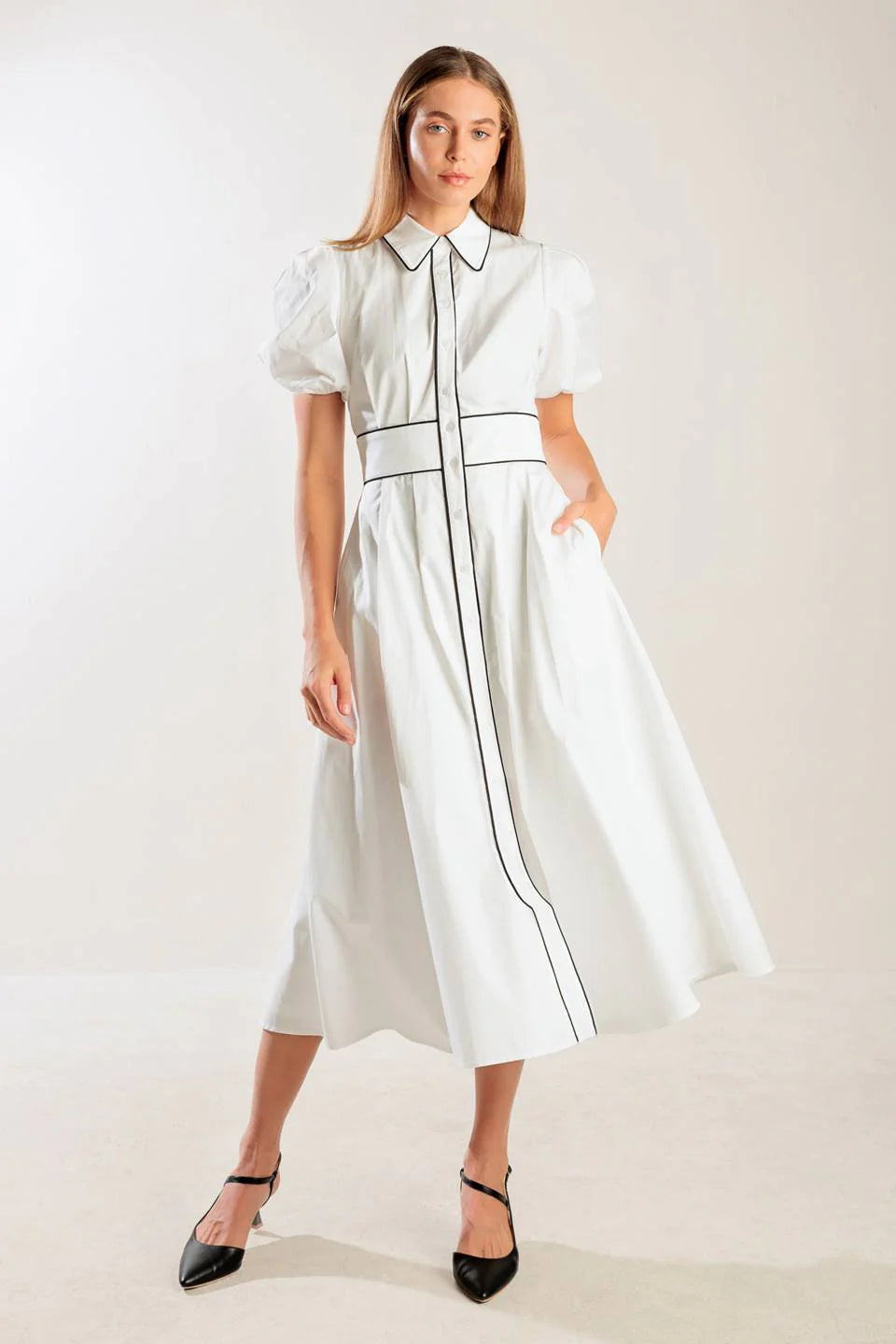 VINTAGE VIBES PUFF SLEEVE MIDI DRESS WHITE