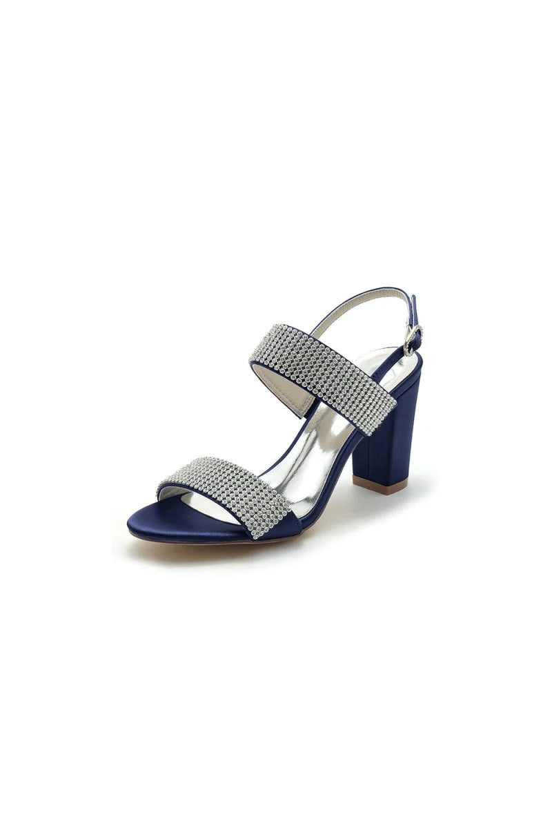 Open Toe Beaded Buckle Satin Chunky Heels
