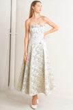 WHITE GOLD JACQUARD STRAPLESS MIDI DRESS