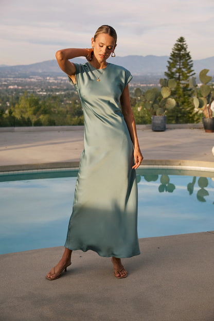 Hannah Satin Maxi Dress in Teal
