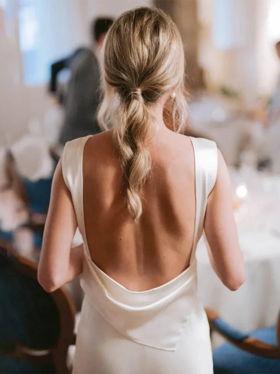 Sheath High Bateau Neck Backless Silk Satin Wedding Dress