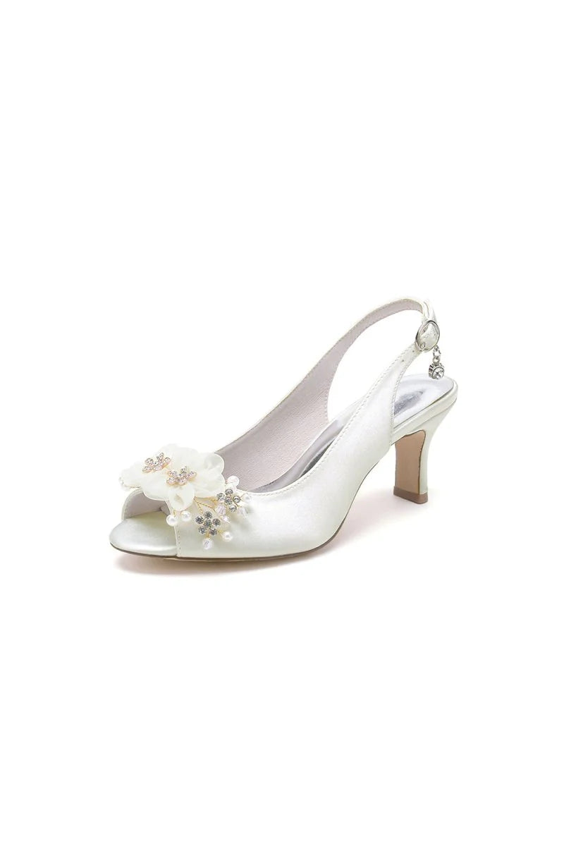 Peep Toe Slingback Beaded Chunky Wedding Shoes with Flowers
