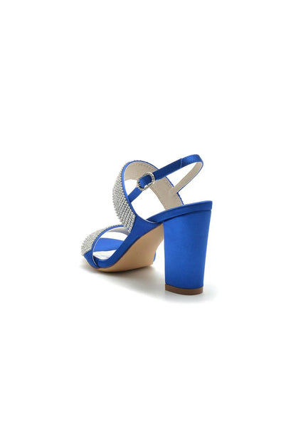 Open Toe Beaded Buckle Satin Chunky Heels