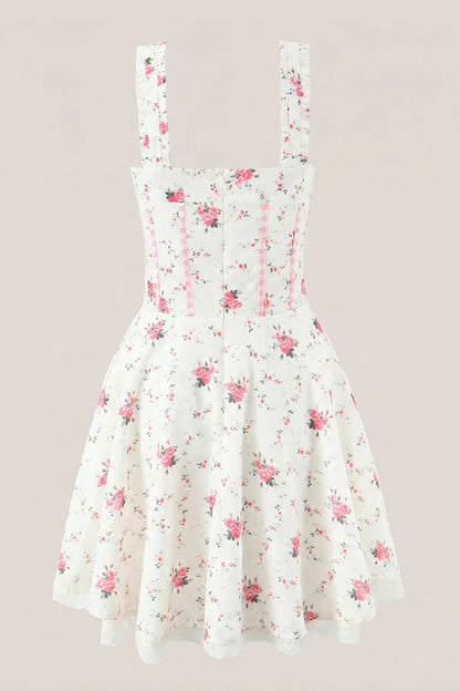 White Warm Rose Print Cotton Mini Dress
