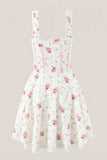 White Warm Rose Print Cotton Mini Dress