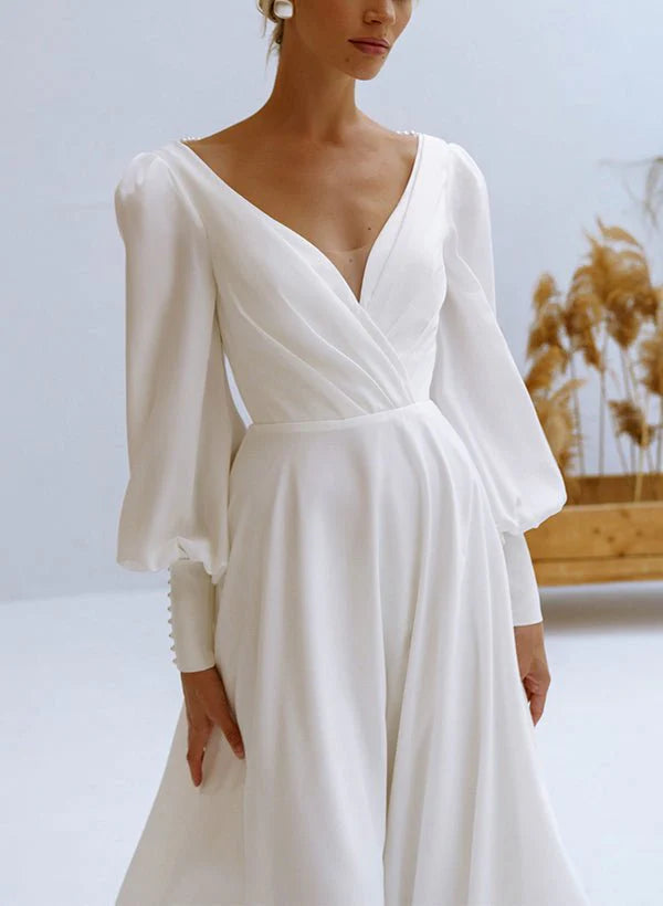 A Line V Neck Long Sleeves Chiffon Wedding Dresses With Beading