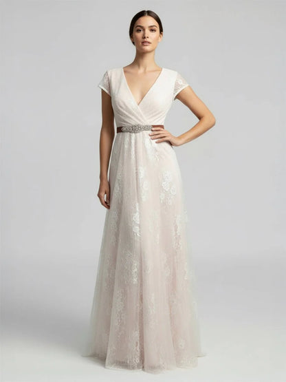 Short Sleeve V neck Pleated Long Lace Wedding Dress