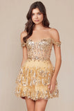 BRENNA MINI DRESS GOLD OFF SHOULDER TIERED SHORT DRESS