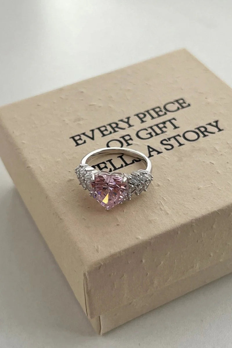Sterling Silver Pink Heart Zircon Luxury Half Setting Ring