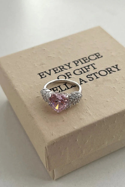 Sterling Silver Pink Heart Zircon Luxury Half Setting Ring