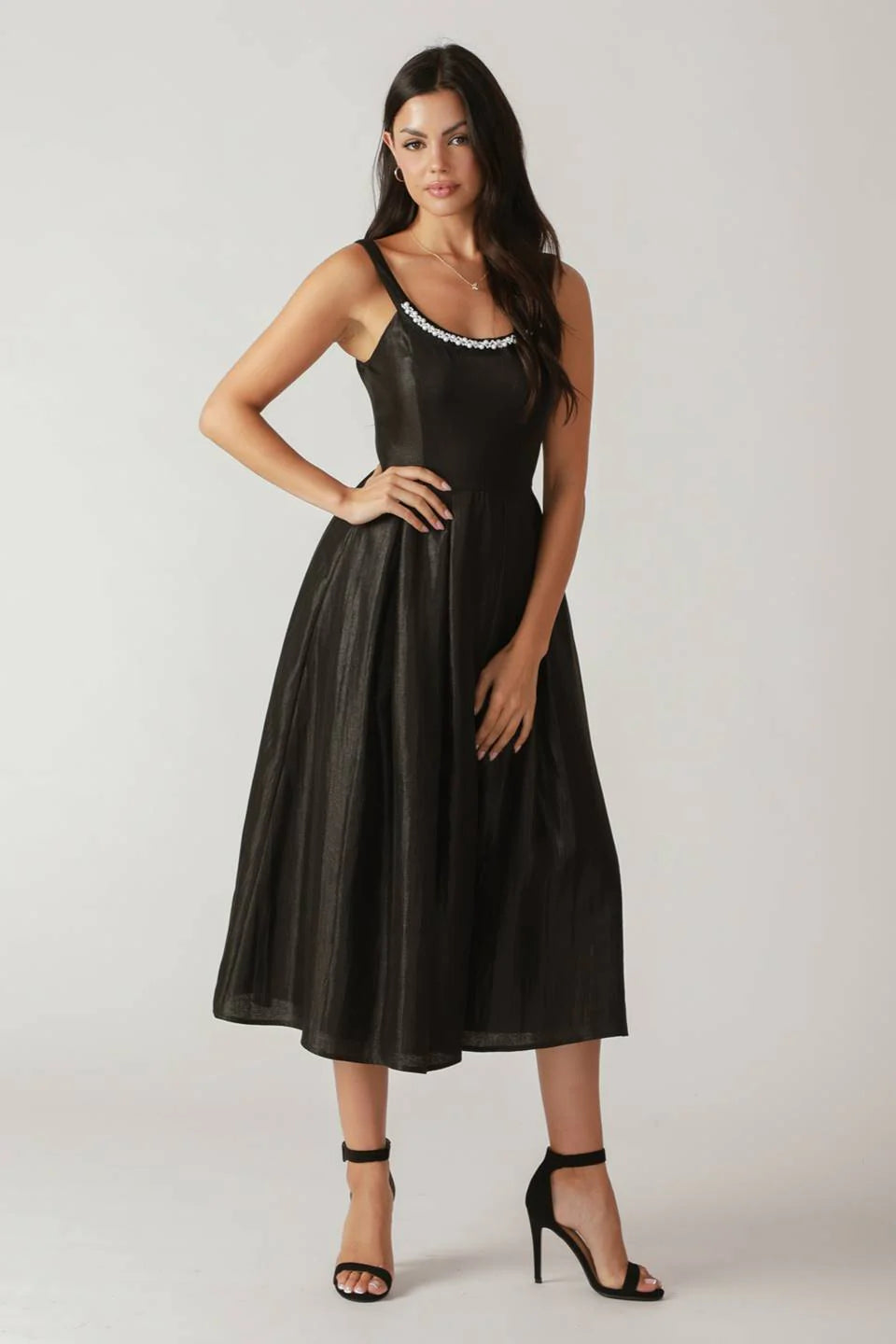 PEARL TRIM BLACK SATIN MIDI DRESS FINAL SALE