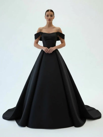 Elegant A Line Off the Shoulder White Satin Wedding Dresses