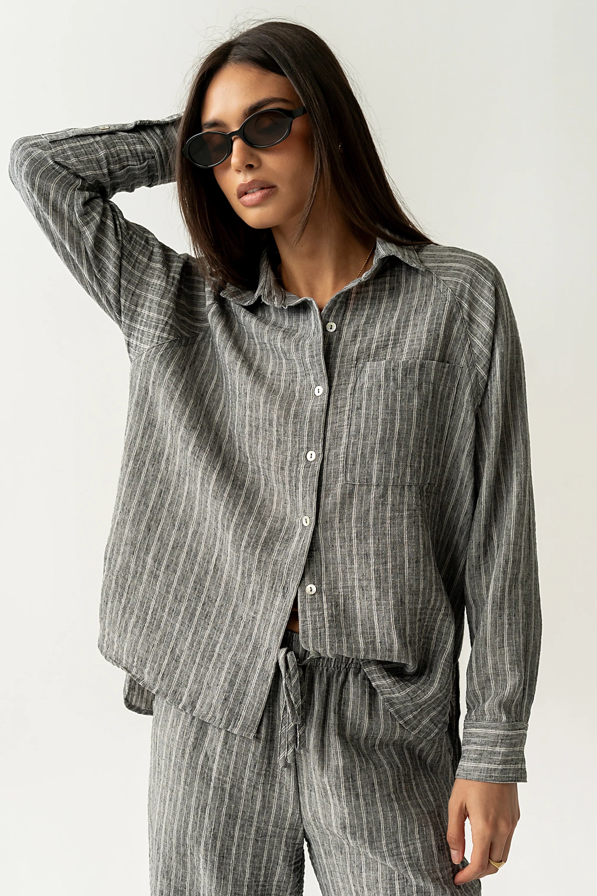 Conner Striped Button Down Top in Black