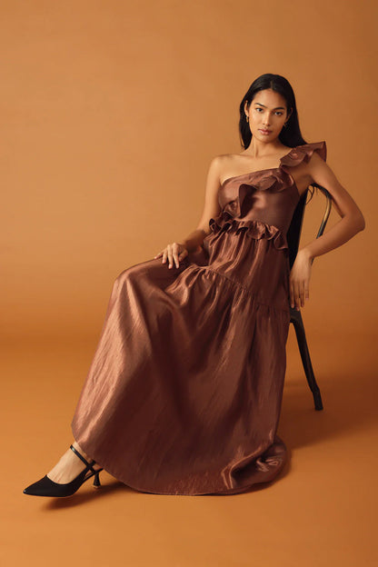FIND THE ANSWER BROWN SATIN ONE SHOULDER MAXI DRESS