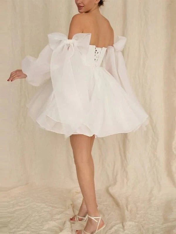 A Line Puff Long Sleeves Short Wedding Dresses With Bows