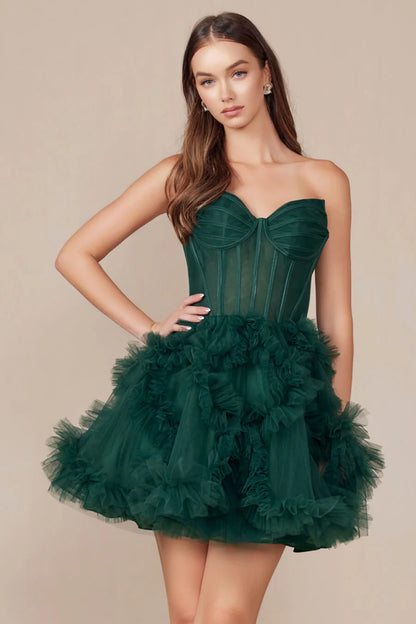 YVONNE RUFFLE SKIRT MINI DRESS EMERALD