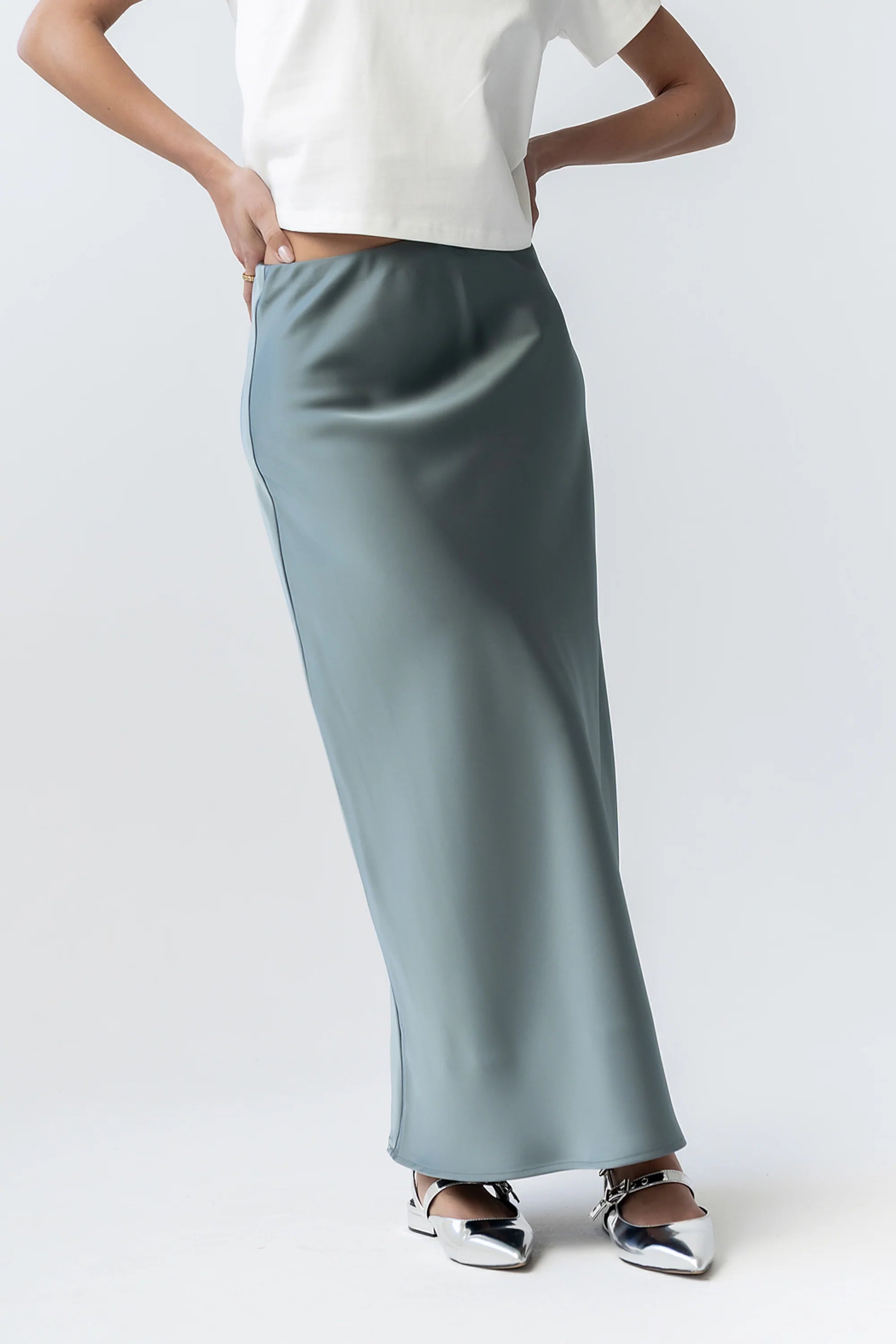Tory Satin Maxi Skirt in Teal