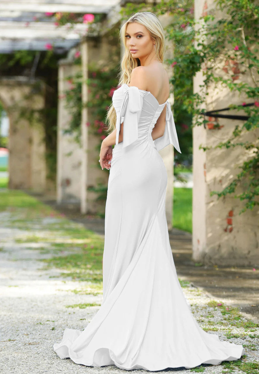 Amber Gown Off White Off Shoulder Stretch Spandex Satin Dress With Ties
