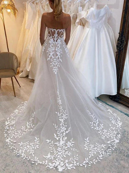 A line Lace Beach Wedding Dress with Off Shoulder Tulle Appliques