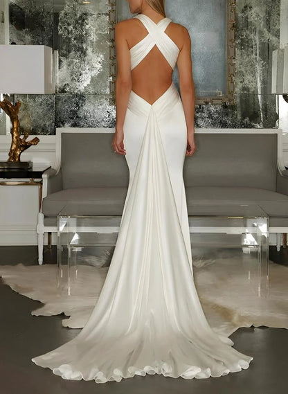 Mermaid V Neck Sleeveless Sweep Train Silk Like Satin Wedding Dresses