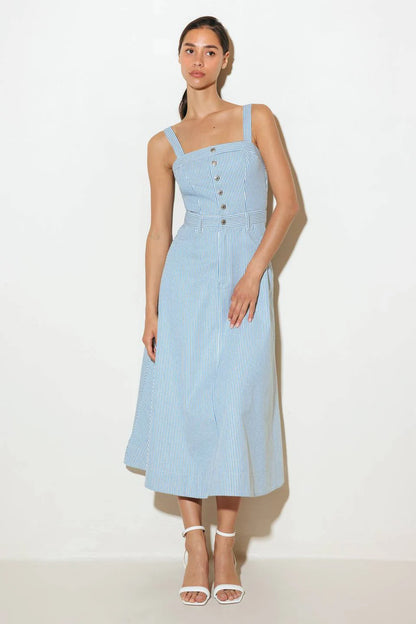CAREFREE DAYS BLUE PINSTRIPE MIDI DRESS