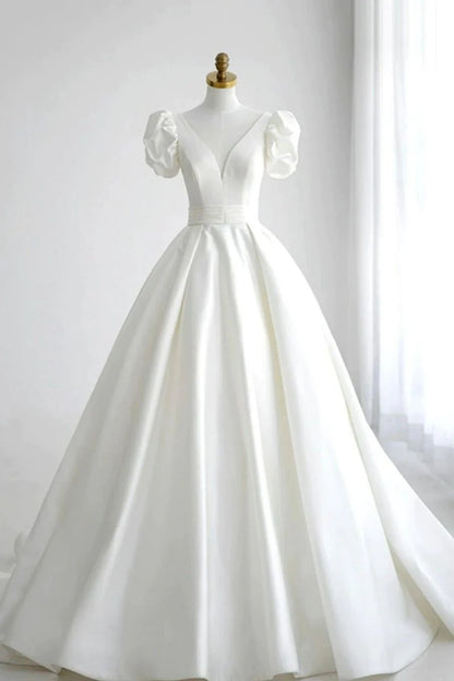 Elegant A Line V Neck White Wedding Dress with Short Sleeves